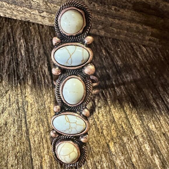 Western Boho Hippie Copper Circle & Oval Semi Stone Pave Linear Bar Cuff Ring: - Picture 5 of 5